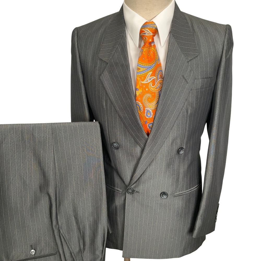 Raffinati Suit Men 39R 31W Gray Pinstripe Double Breasted 80s Power Suit USA VTG